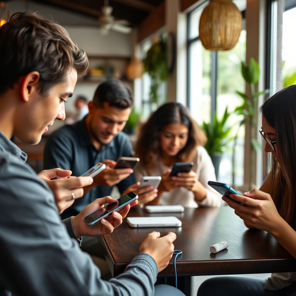 Professional stock photo of a diverse group of Costa Rican consumers using mobile banking apps on smartphones, showing convenience and time-saving benefits in everyday settings like cafes and homes.