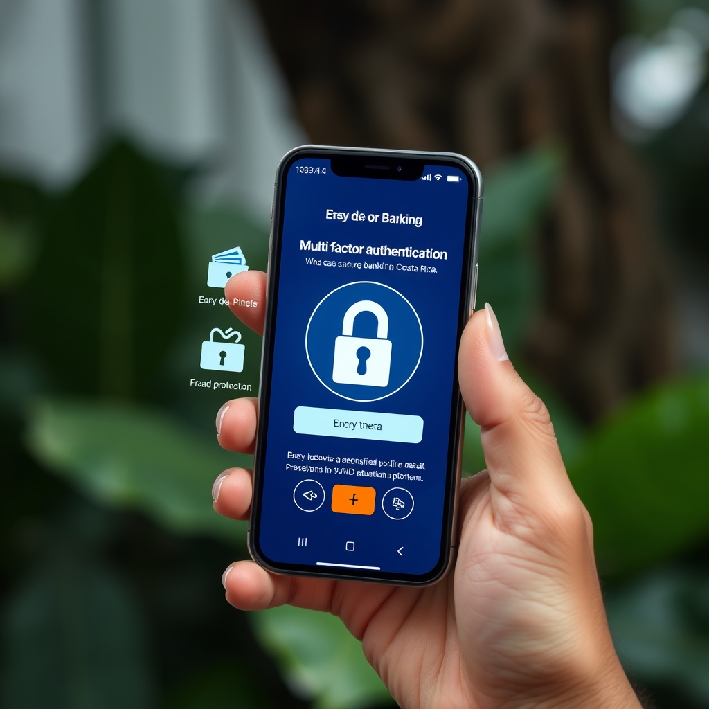 Professional stock photo depicting secure digital banking practices in Costa Rica, featuring multi-factor authentication on a smartphone screen with encryption symbols and fraud prevention visuals.