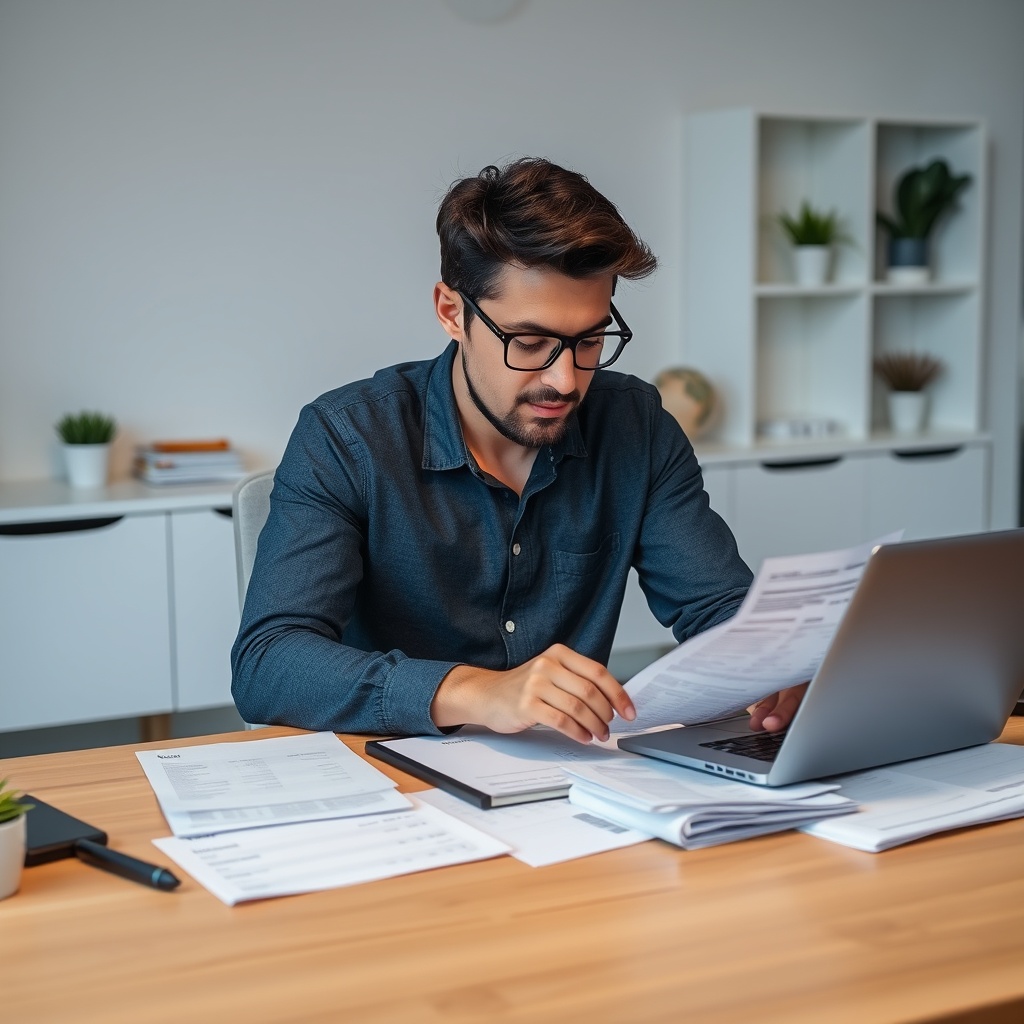 Professional stock photo of a freelancer reviewing business expense receipts and invoices on a laptop at a modern home office desk with organized financial documents