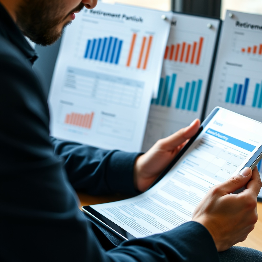 Professional stock photo of a freelancer reviewing social security and pension contribution documents on a tablet with retirement planning charts visible in the background