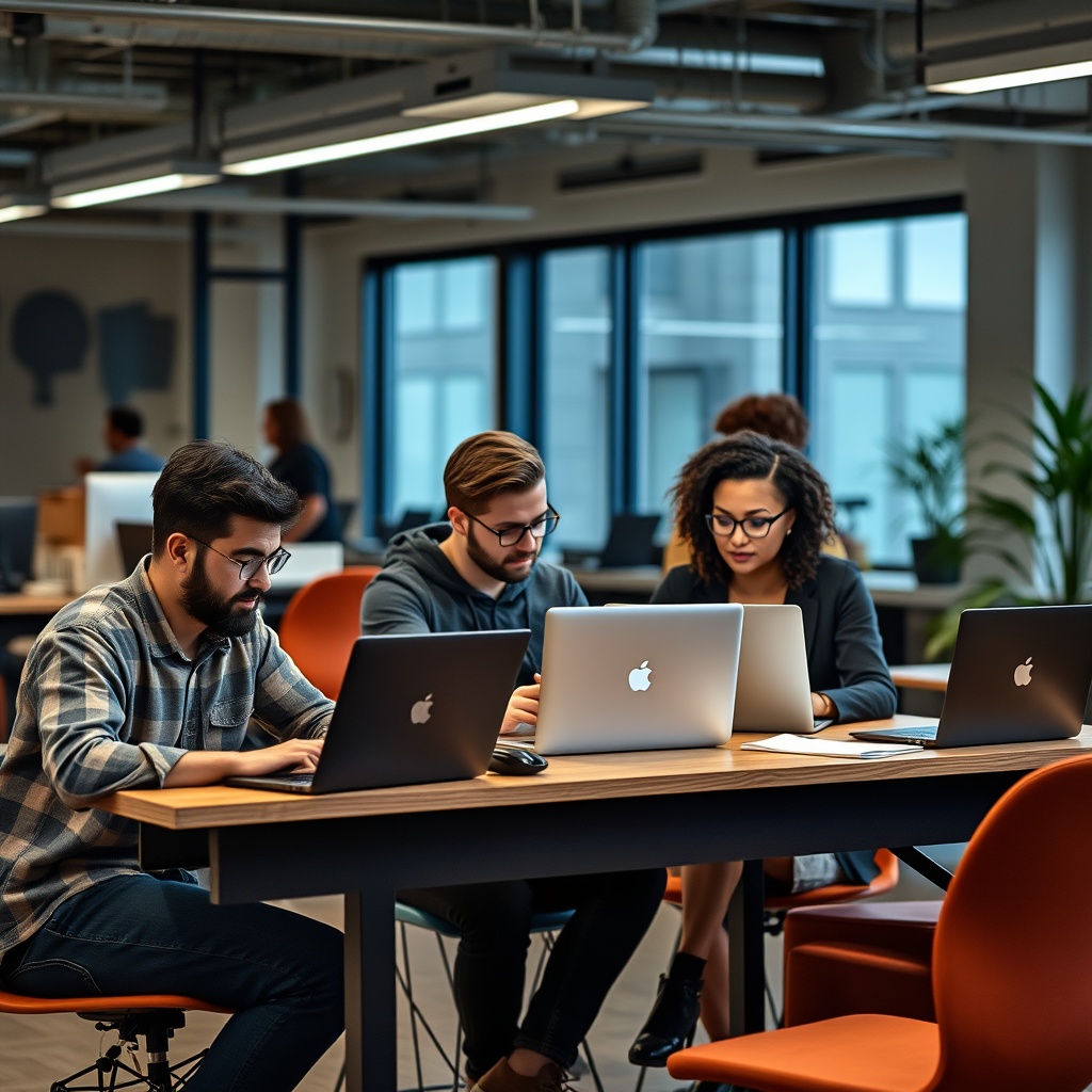 Professional stock photo of diverse freelancers including IT developer, creative designer, and consultant working on laptops in a collaborative co-working space