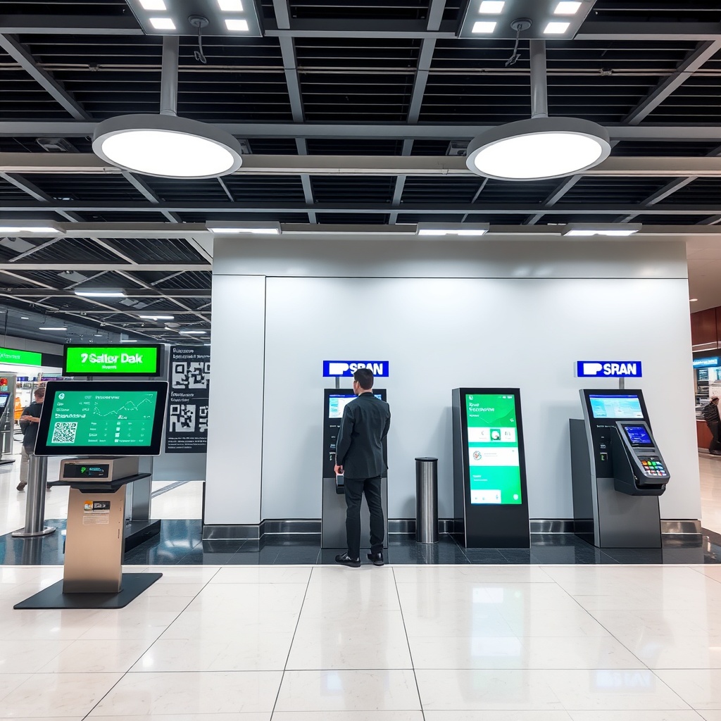 Professional stock photo of modern digital payment infrastructure in Iraq, showing electronic payment gateways, QR code scanning systems, and integrated banking technology with sleek interface displays and secure transaction processing