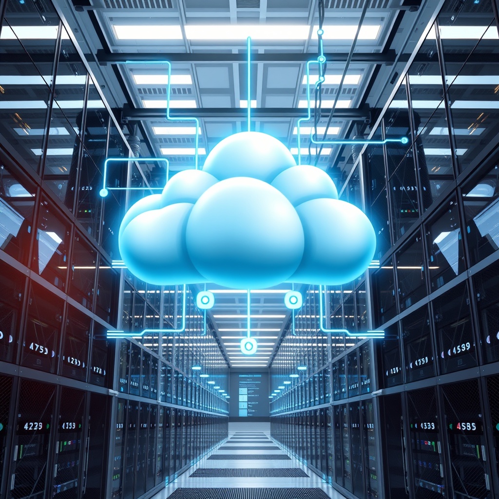 Professional stock photo of advanced technology infrastructure for digital banking, featuring cloud computing servers, API integration systems, mobile network connectivity, and scalable banking architecture with modern data centres