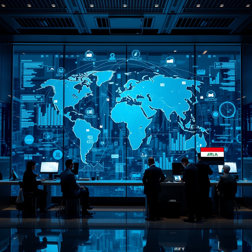 Professional stock photo of international banking partnerships and global integration, showing cross-border payment processing systems, international compliance standards, and collaborative financial technology between Iraqi and global banking institutions
