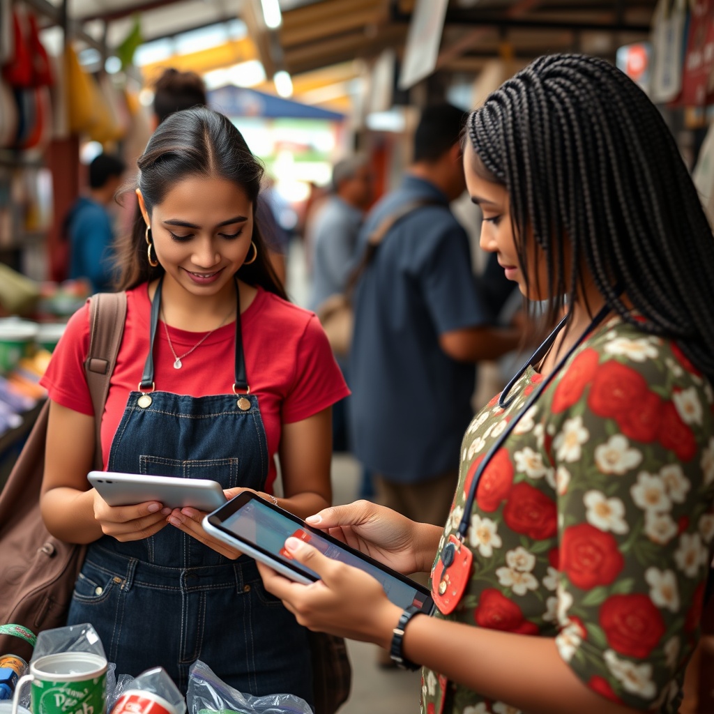 Professional stock photo showing Costa Rican small business owners using digital banking tools on tablets and smartphones for online payment processing and digital loan applications in a market setting.