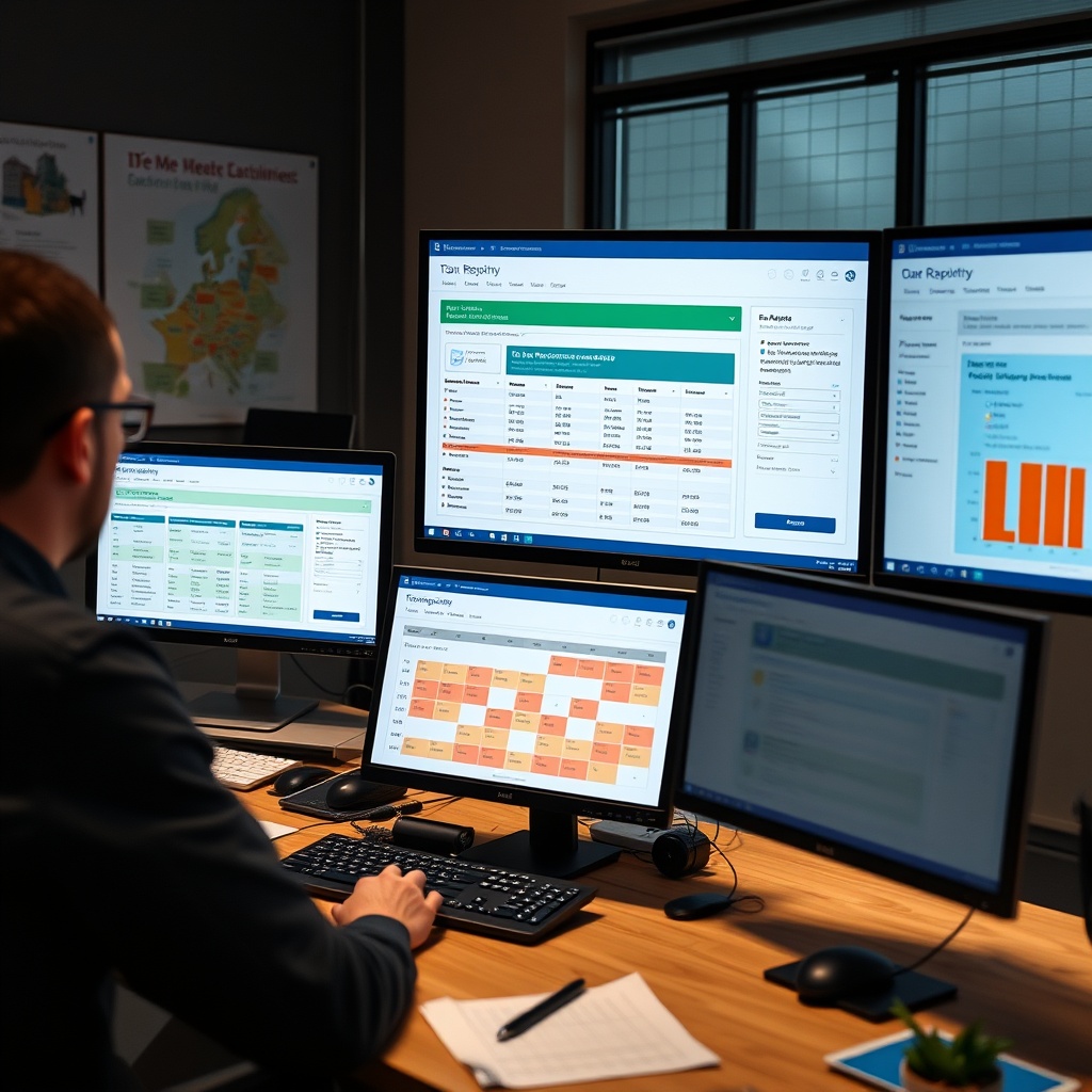 Professional stock photo of a digital workspace showing multiple tax reporting interfaces on screens, with Estonian e-government platform elements and calendar with submission deadlines