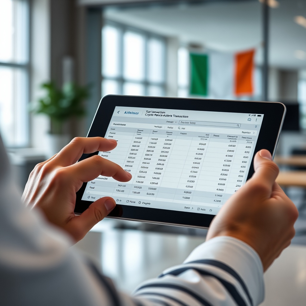 Professional stock photo of a person analyzing crypto transaction records on a digital tablet with tax calculation software visible, modern office background with Irish flag subtle in background