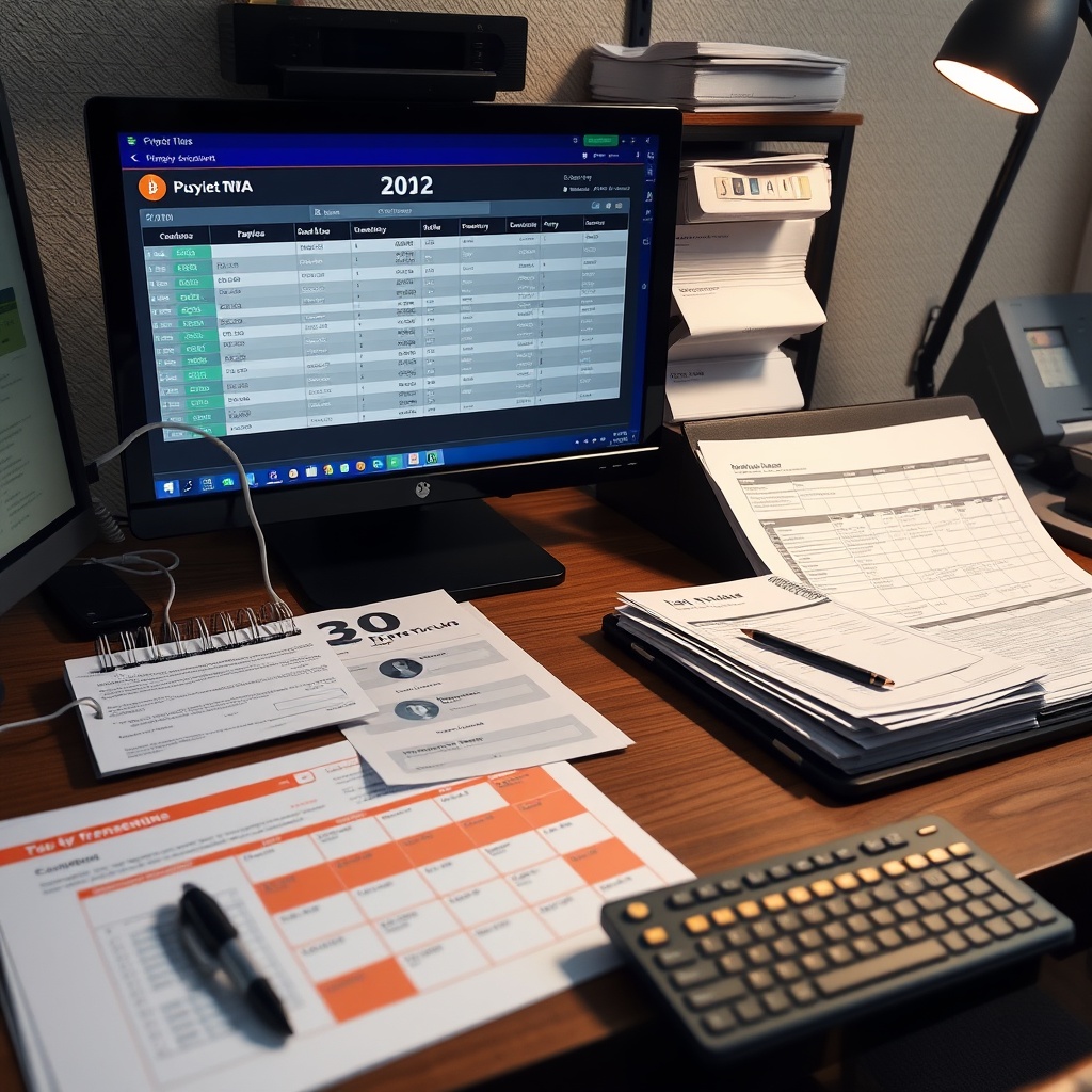 Professional stock photo of organized digital filing system showing crypto transaction records, tax documents neatly arranged on a desk with calendar showing tax deadlines