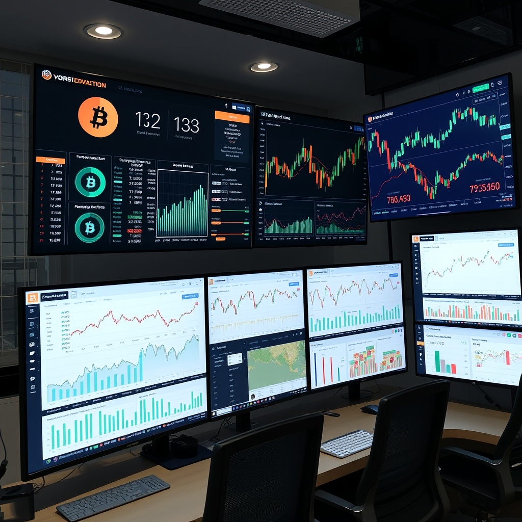 Professional stock photo of diverse investment portfolio visualization on multiple screens, showing crypto assets alongside traditional investments in a modern financial planning office