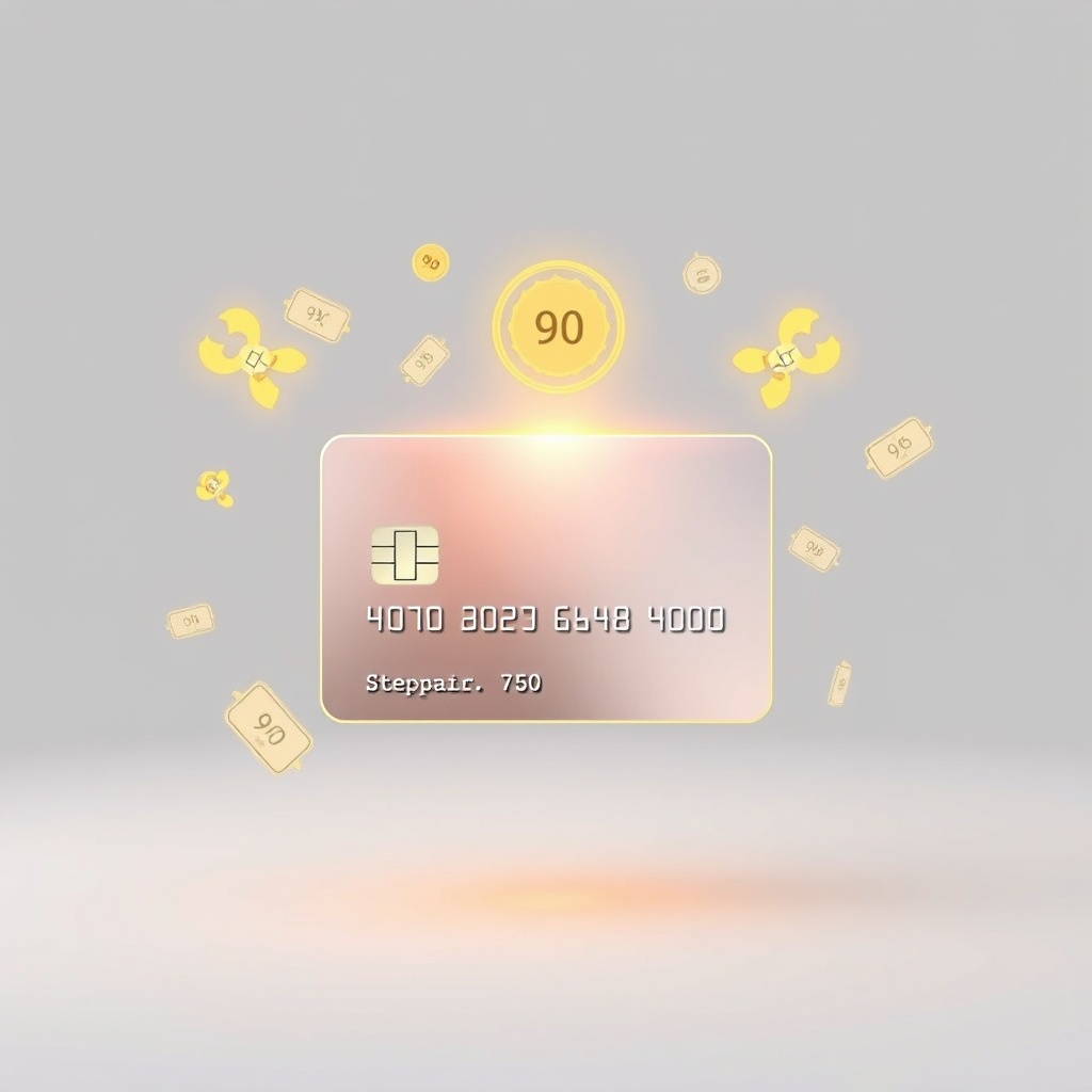 Professional stock photo of a modern credit card with cashback rewards visualization, showing digital percentage indicators and reward symbols floating around the card against a clean, minimalist background
