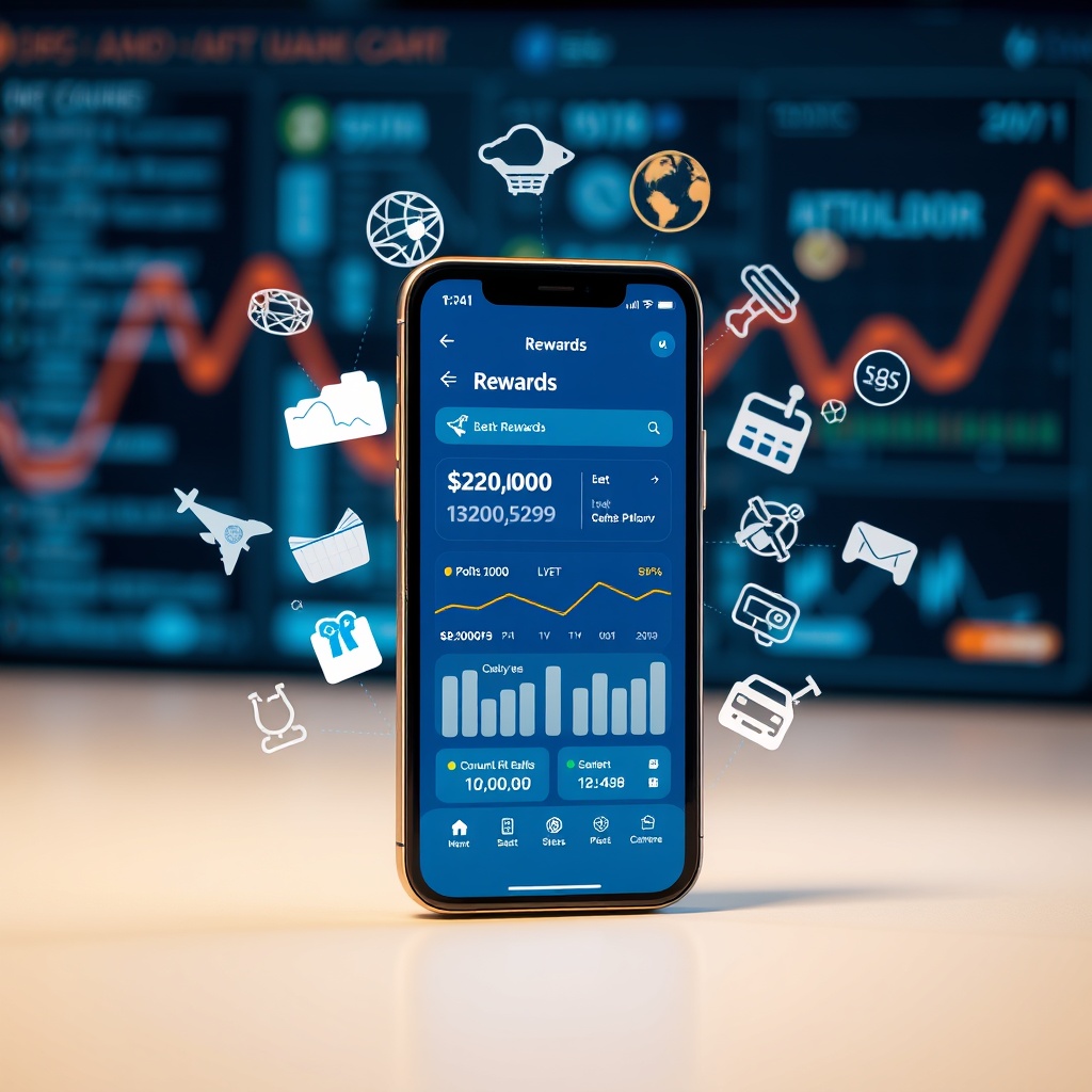 Professional stock photo of a smartphone displaying a rewards dashboard with points accumulation, surrounded by travel icons and shopping symbols, set against a sophisticated digital interface background