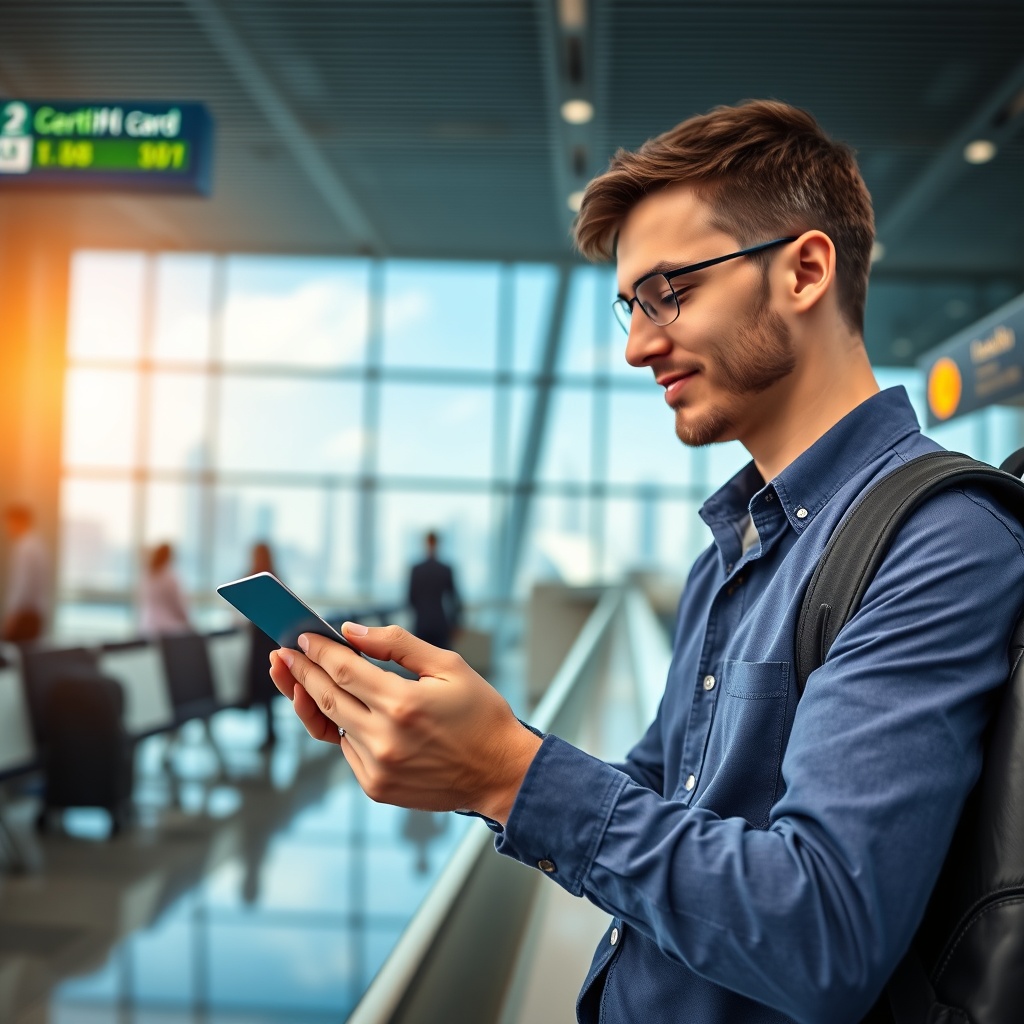 Professional stock photo of a traveler using a credit card at an international airport terminal, with currency symbols and global landmarks subtly visible in the background