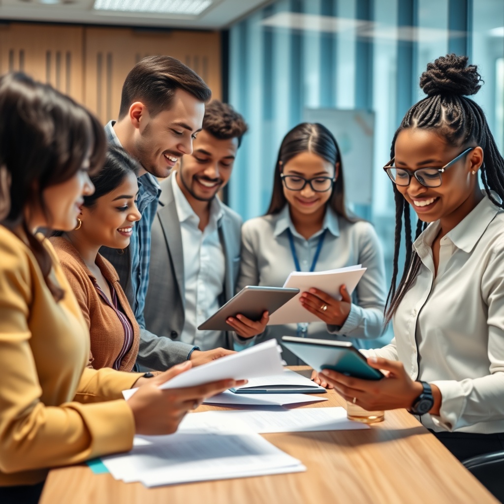 High-quality stock photo showing diverse professionals contributing to social security, with documents and digital tablets in a modern office setting, representing national insurance and social benefits