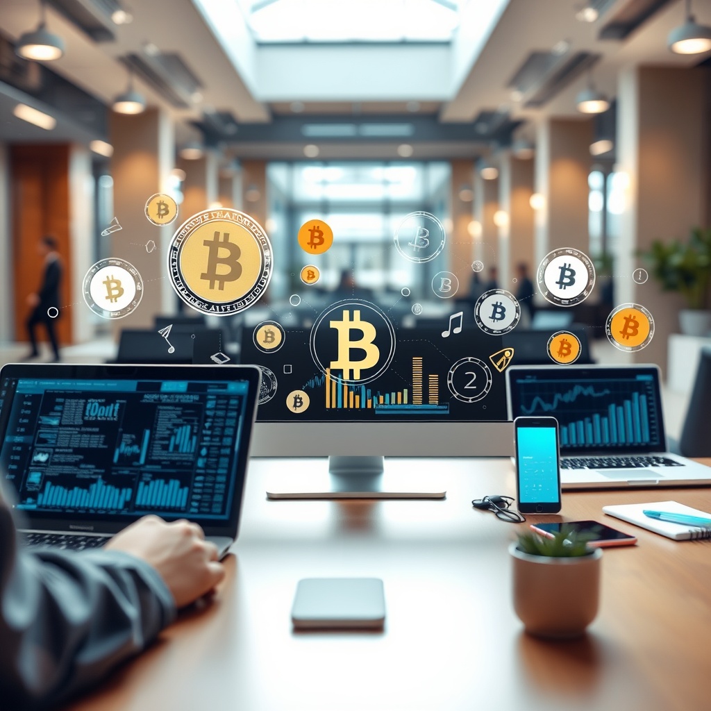 Professional image of digital technology and e-commerce elements including laptops, mobile devices, and cryptocurrency symbols in a contemporary business environment