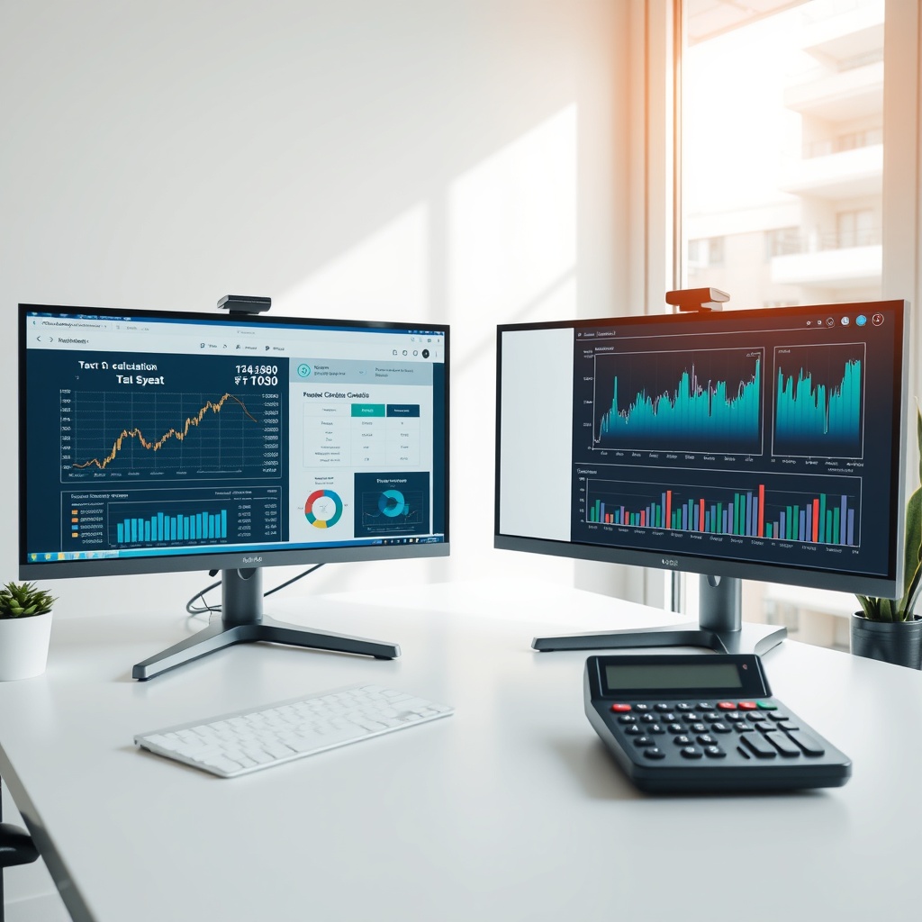 Professional stock photo of a modern workspace with dual monitors displaying tax calculation software, financial charts on screen, and a calculator on a minimalist desk with natural lighting