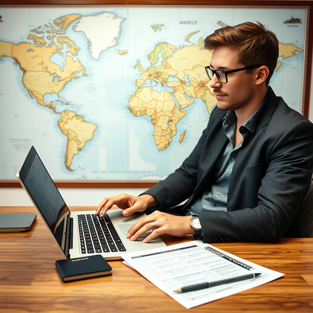 Professional stock photo of a digital nomad working on a laptop with financial planning documents, passport, and world map in background, representing international tax optimization strategies