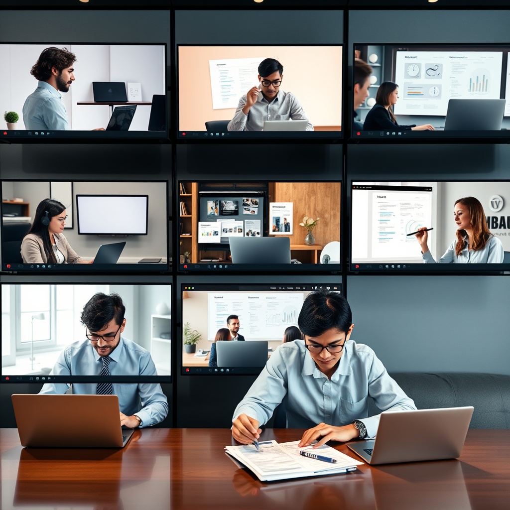 Professional stock photo of diverse remote workers in tech, creative, and consulting industries collaborating virtually on different devices with financial documents visible