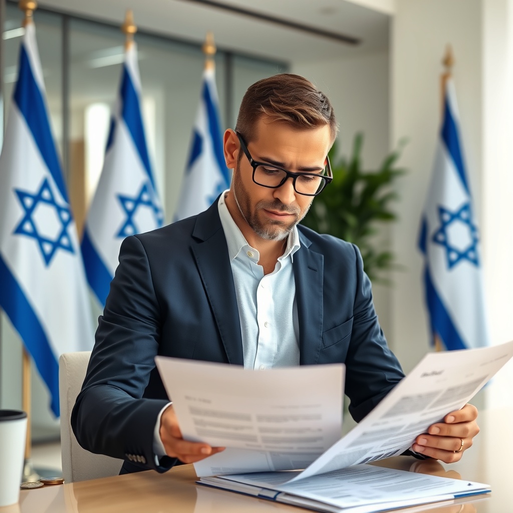 Professional stock photo of a foreign investor reviewing tax registration documents with Israeli flags and digital currency symbols in the background, clean modern office setting