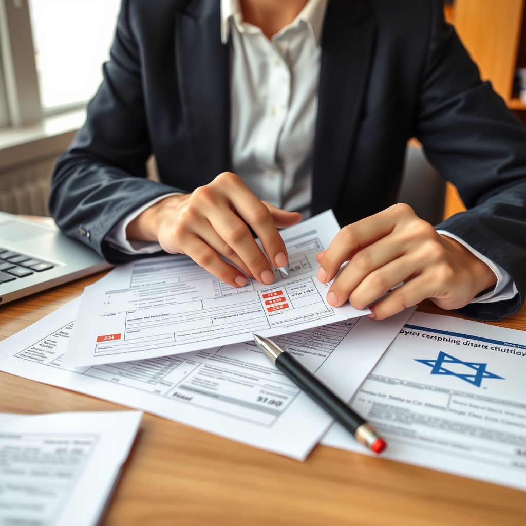 Professional stock photo showing a business person making compliance mistakes on tax forms with red warning indicators, Israeli regulatory documents on desk