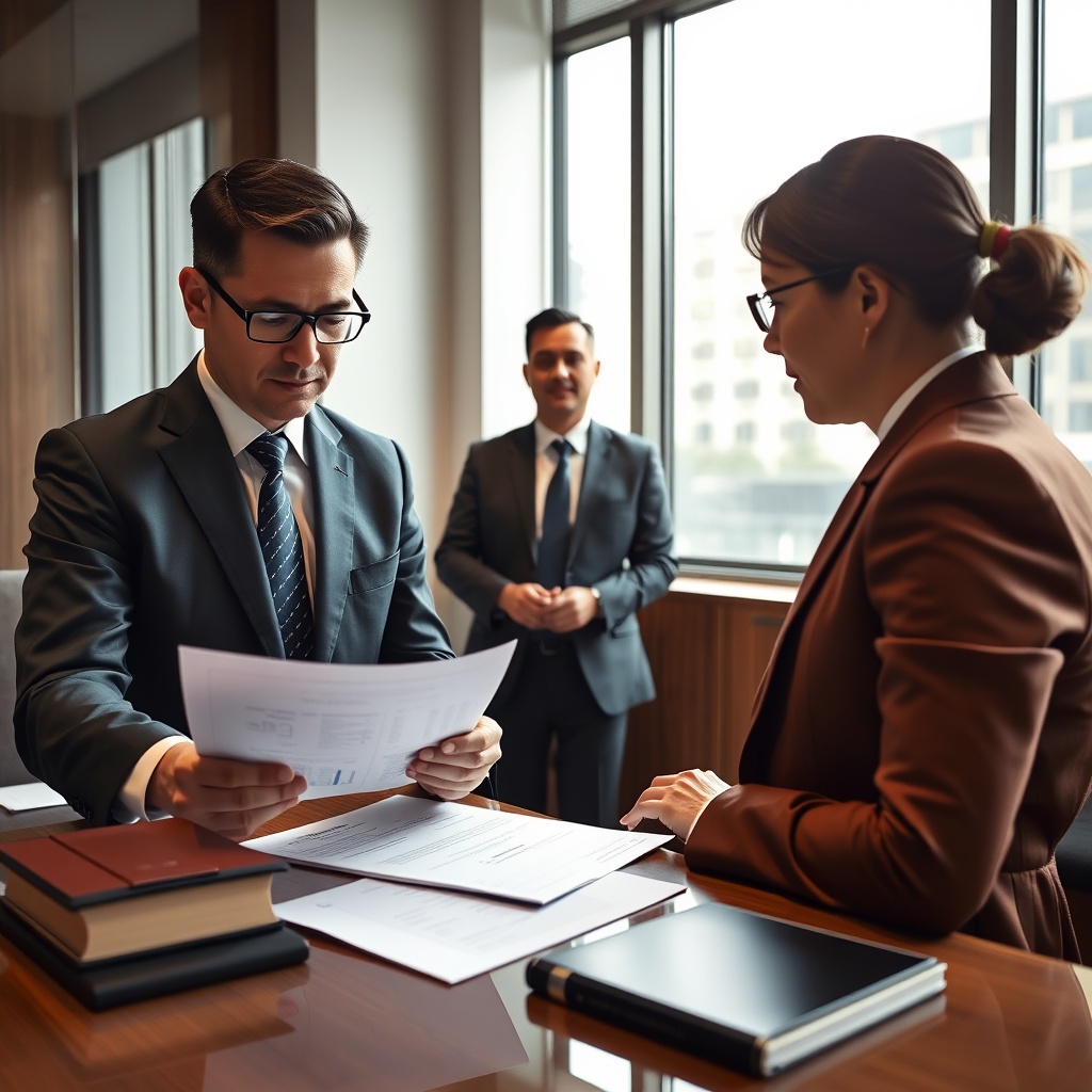 Professional stock photo of tax authority audit in progress, official reviewing blockchain transaction records with foreign investor present in formal office environment