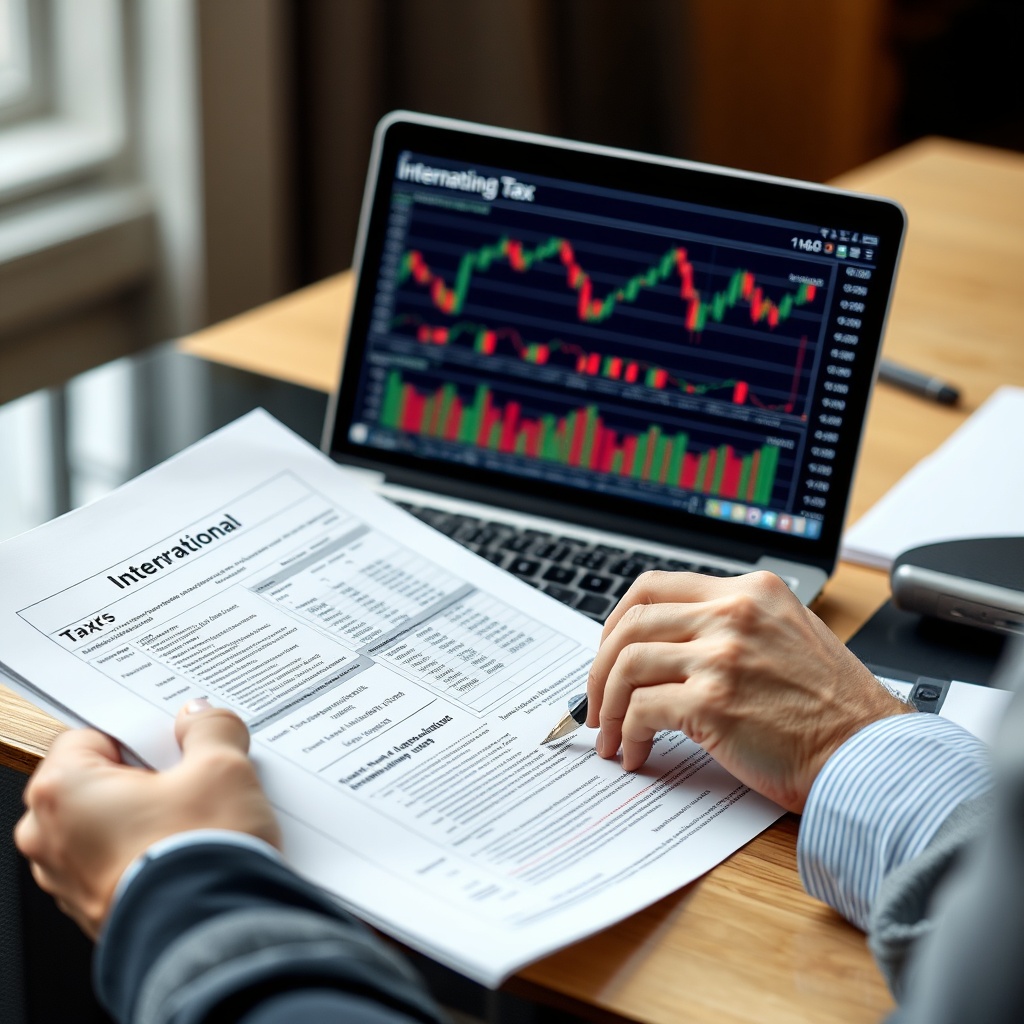 Professional stock photo of a person analyzing international tax documents with a laptop showing cryptocurrency charts, representing cross-border tax considerations for expats in Italy