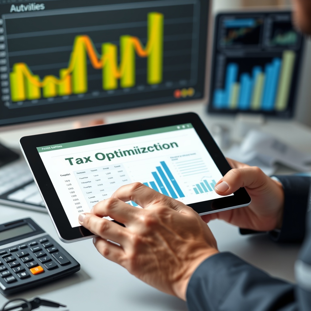 Professional stock photo of a business person reviewing tax optimization strategies on a tablet with financial charts and calculator in the background