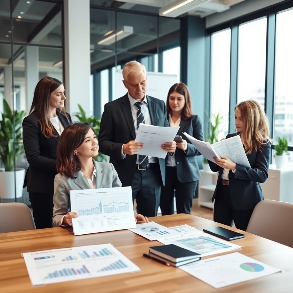 Professional stock photo of a modern office setting with tax professionals discussing regulatory documents and future planning charts