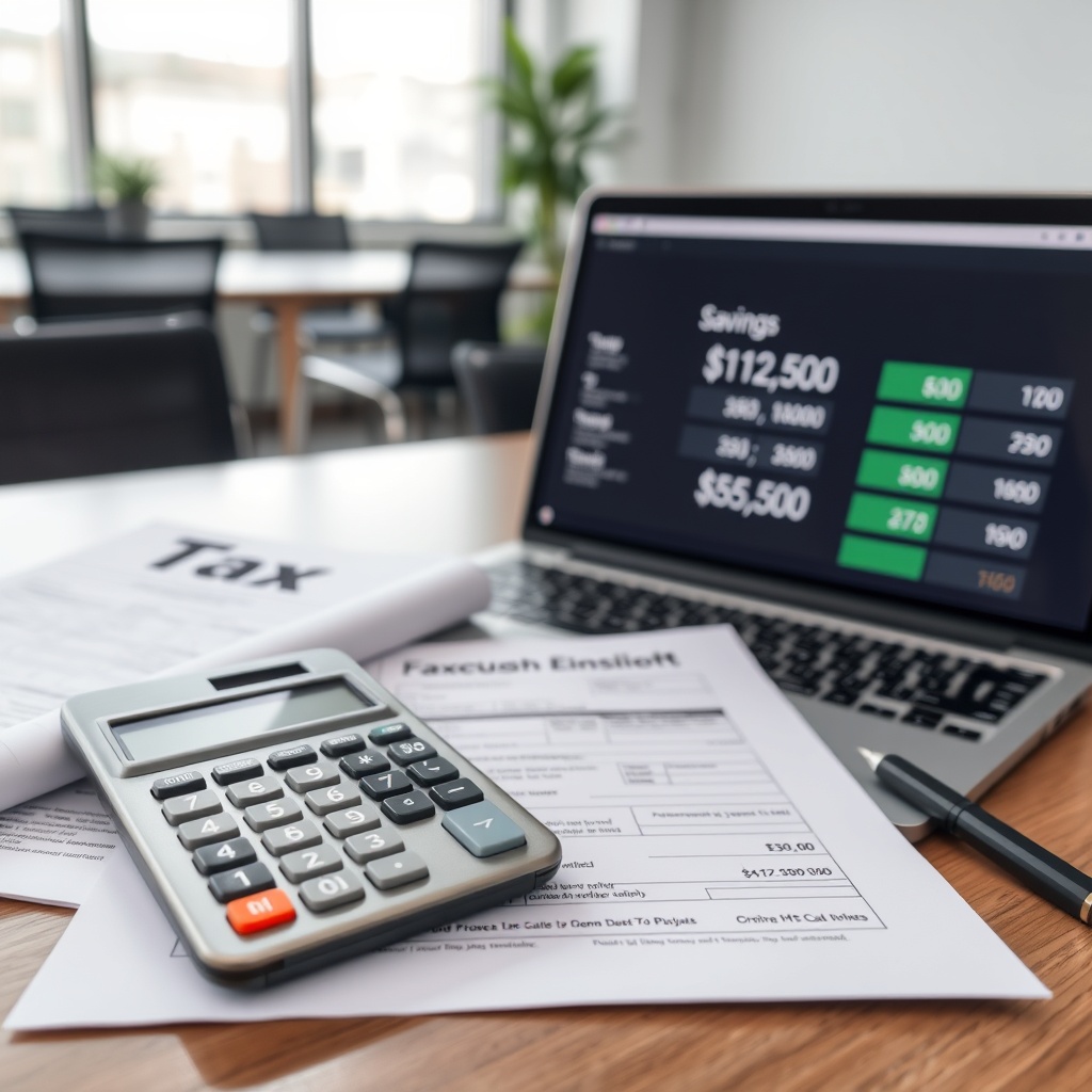 Professional stock photo of a financial calculator, tax documents, and a laptop showing savings calculations on screen, with clean modern office background