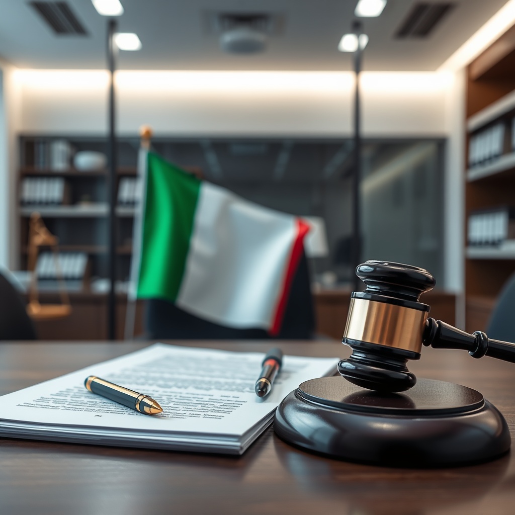 Professional stock photo of legal documents, gavel, and Italian flag in a modern law office setting, representing legal protections and compliance