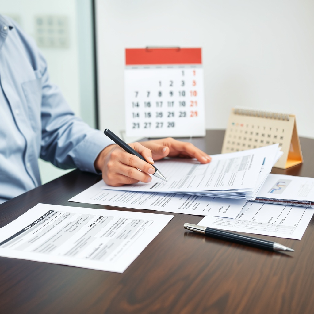 Professional stock photo of a person completing official tax forms at a modern desk with calendar and documents, representing the application process timeline