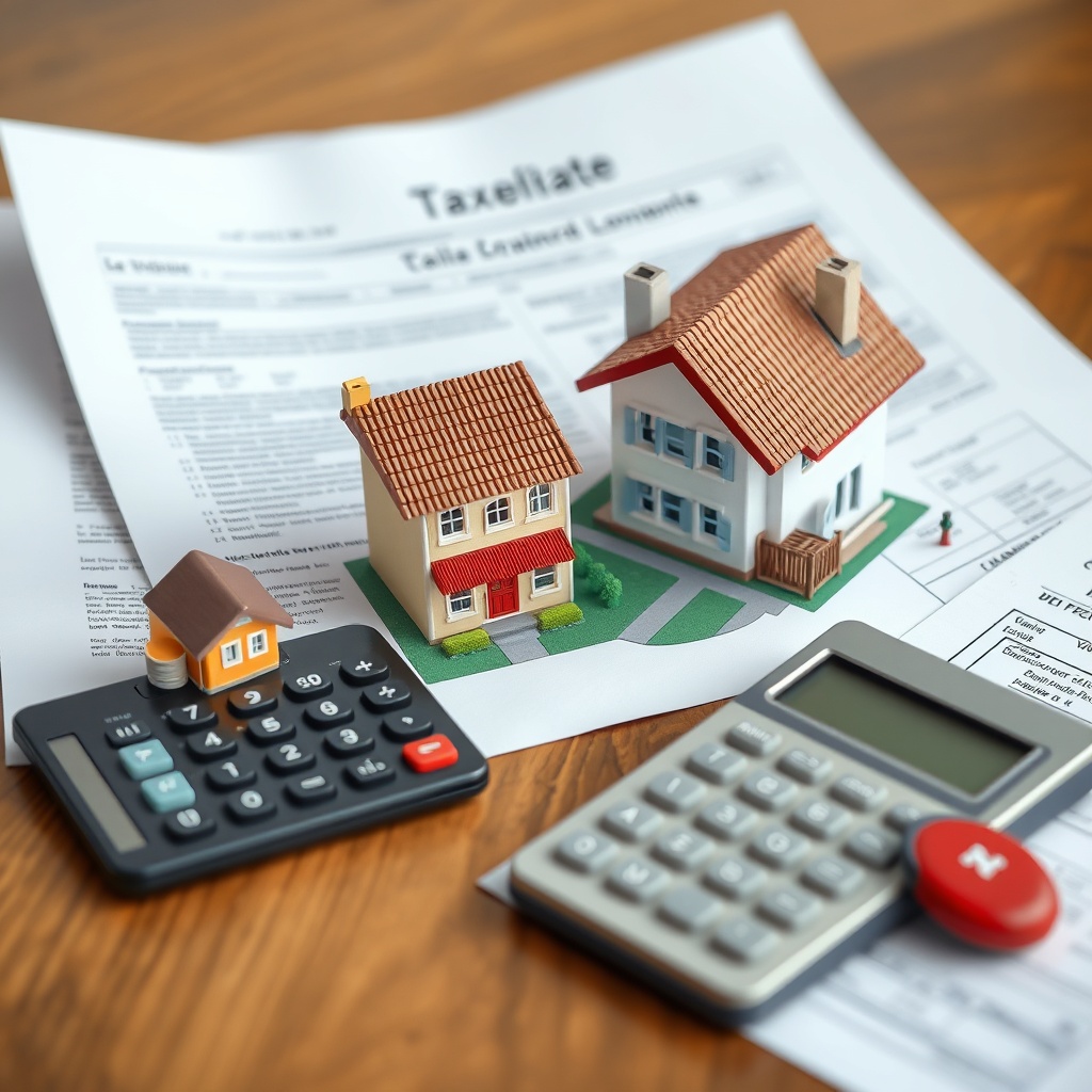 Professional stock photo of Italian real estate properties with legal documents and calculator, symbolizing property tax considerations