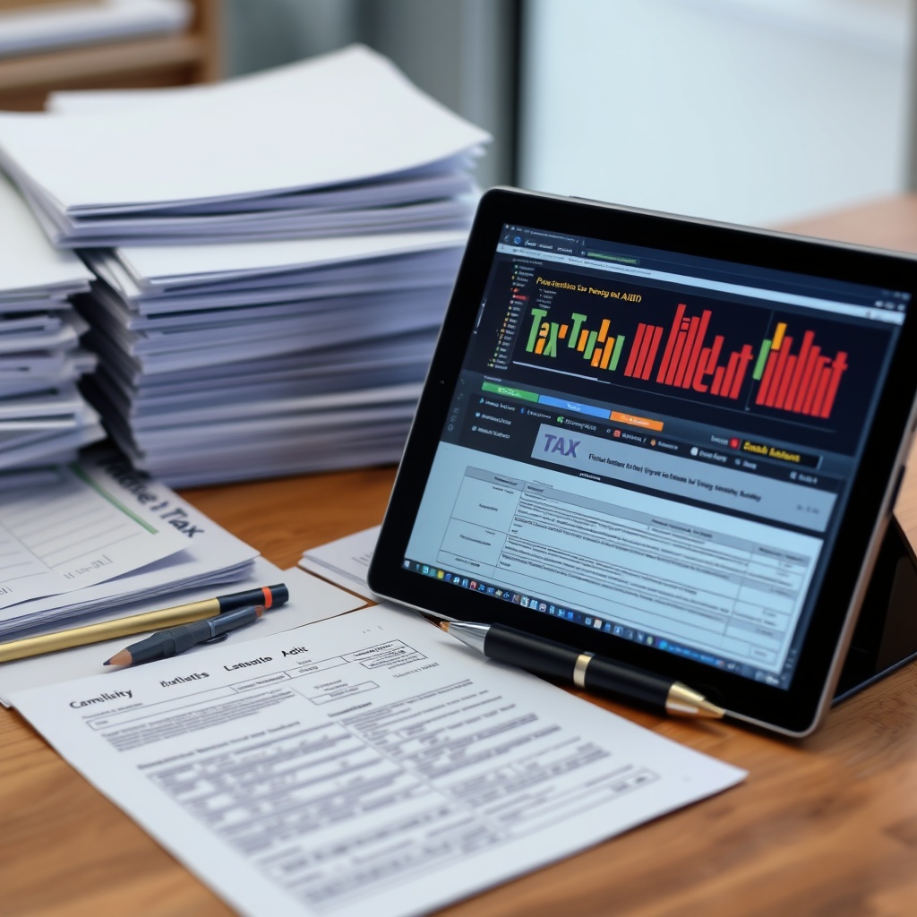 Professional stock photo of organized tax documents and digital filing interface, representing compliance and audit preparedness
