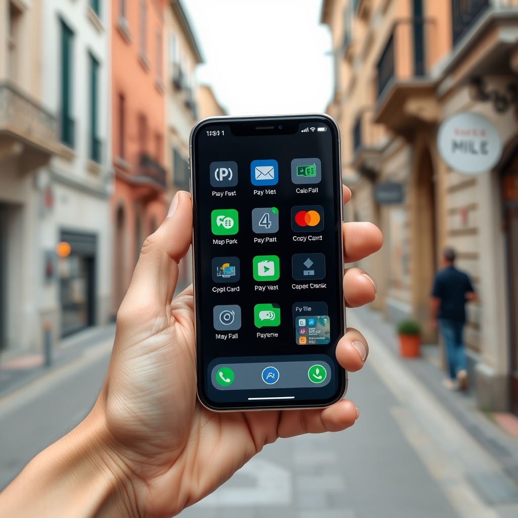 Professional stock photo of a modern smartphone displaying various mobile payment apps and digital wallet interfaces, with a hand holding the phone against a clean, contemporary Italian urban background, showcasing mobile payment technology integration.