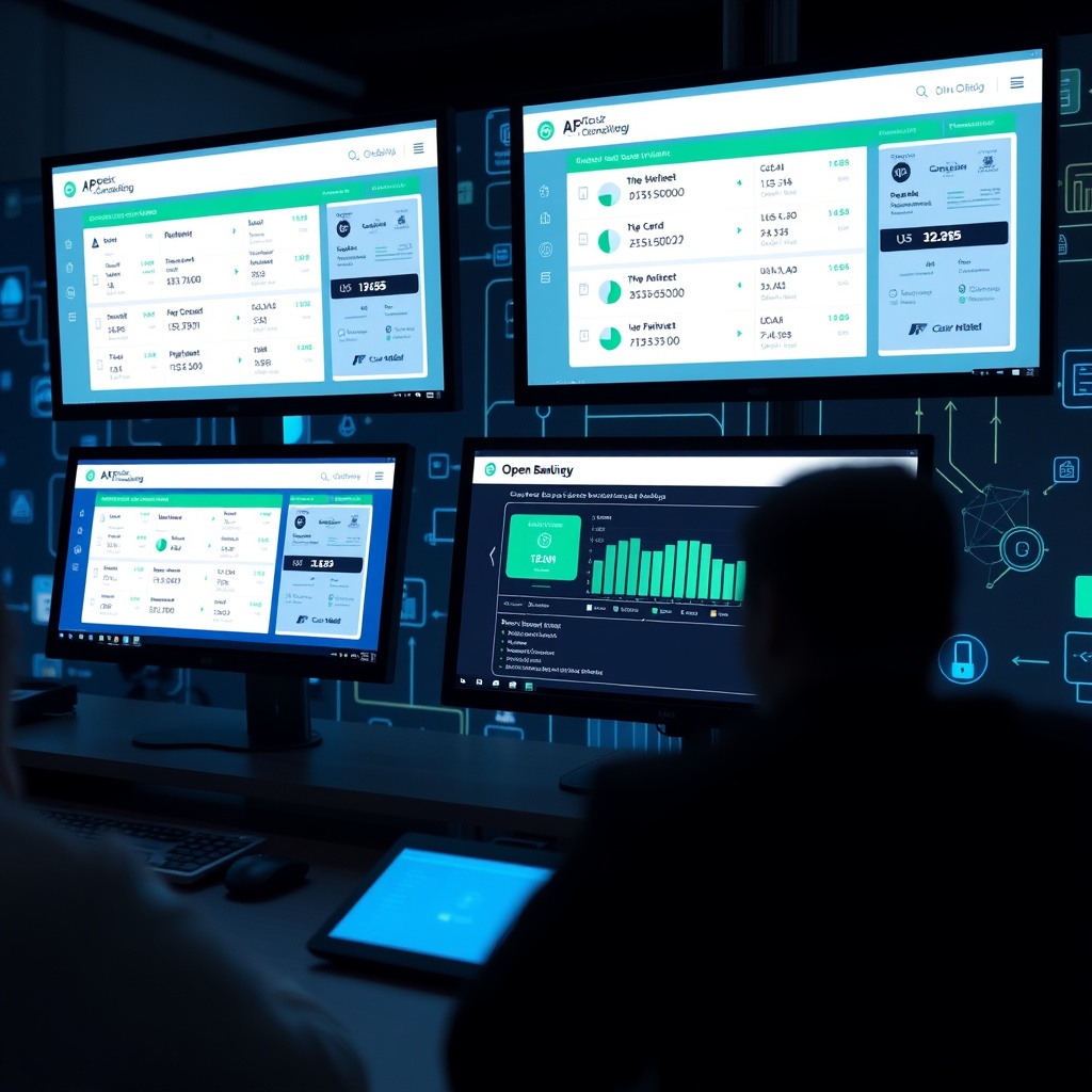 Professional stock photo of a modern banking interface on multiple screens showing API integrations and open banking data flows, with financial technology symbols in the background, representing banking innovation and fintech partnerships.