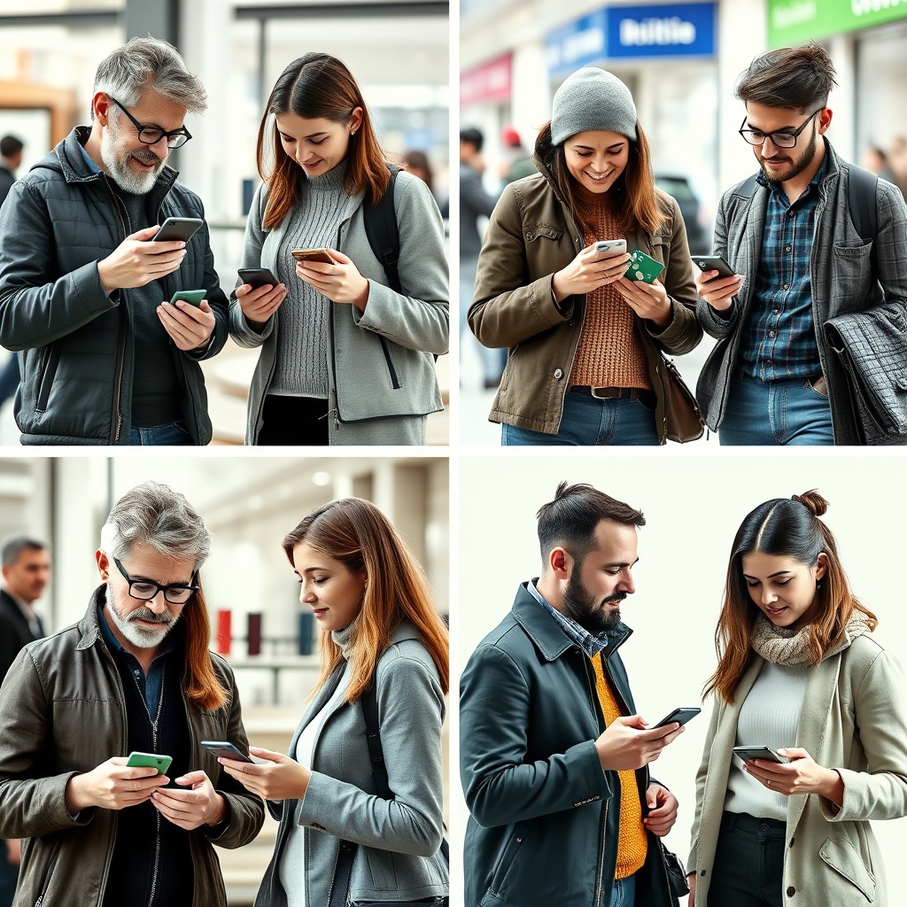 Professional stock photo of diverse Italian consumers using various digital payment methods across different age groups and settings, showing smartphones, contactless cards, and digital interfaces in everyday scenarios.