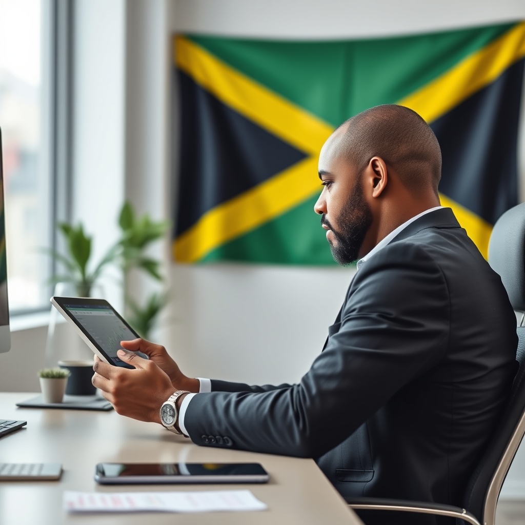 Professional stock photo of a person analyzing cryptocurrency investment charts on a tablet while sitting at a modern office desk with Jamaican flag in background, representing capital gains tax calculations