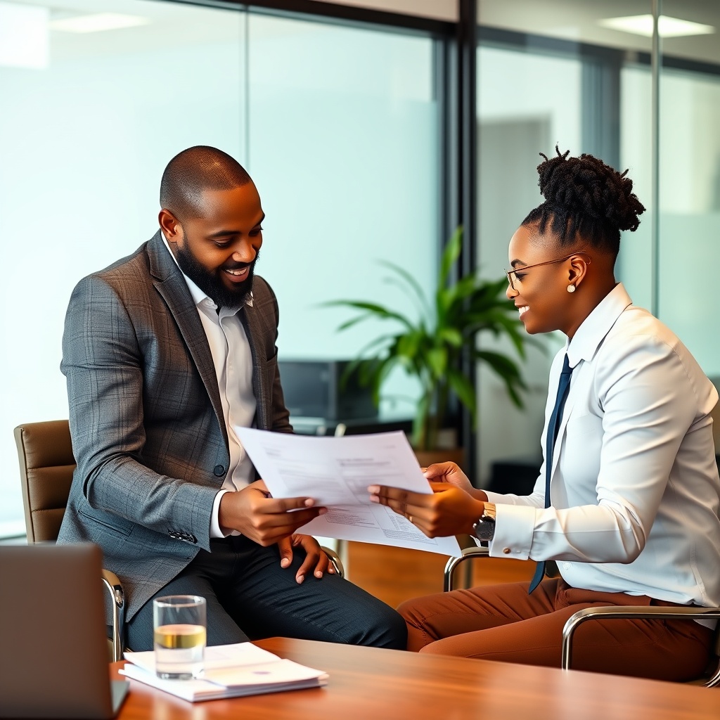 Professional stock photo of a business meeting between an expat investor and professional tax advisor reviewing cryptocurrency portfolio documents in a modern Jamaican office setting