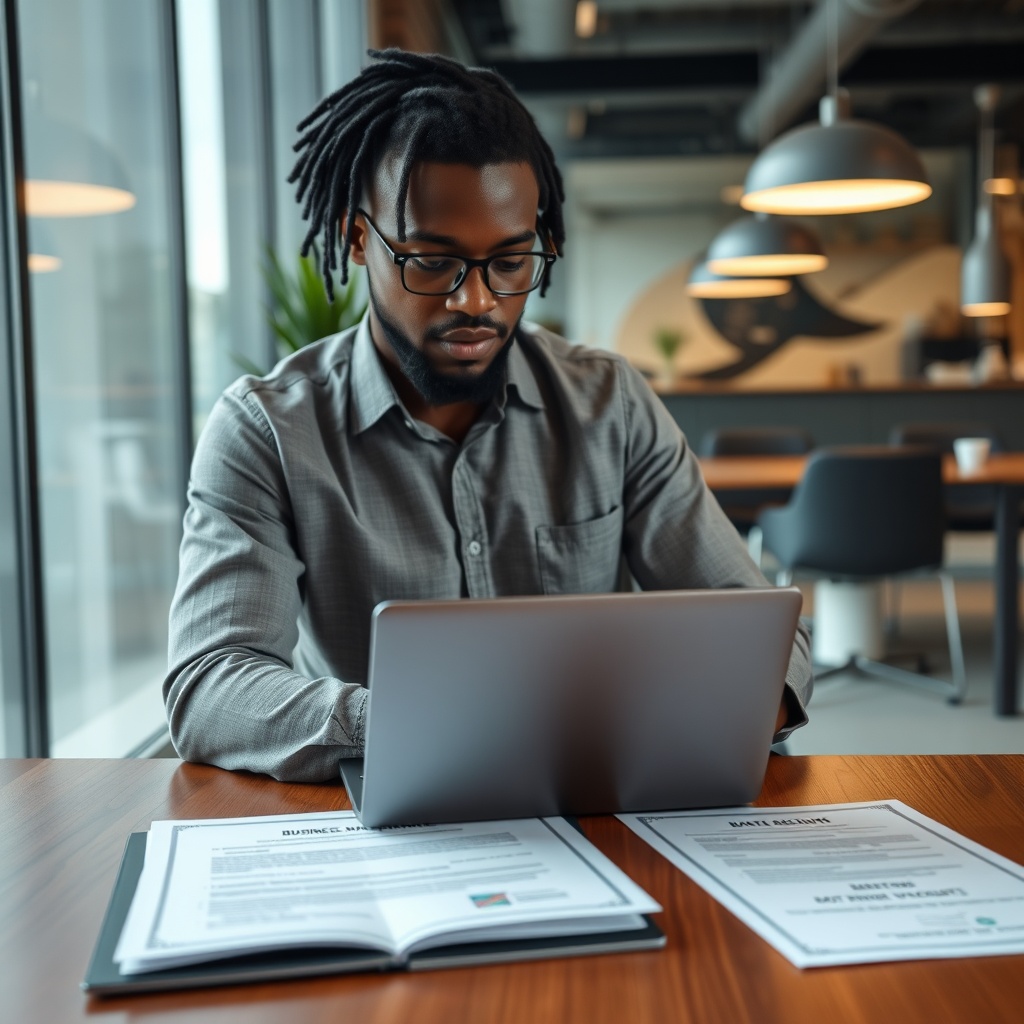 Professional stock photo of a Jamaican freelancer setting up business structure, showing laptop with business registration documents, business name certificate, and bank account forms on a modern workspace in Kingston office setting