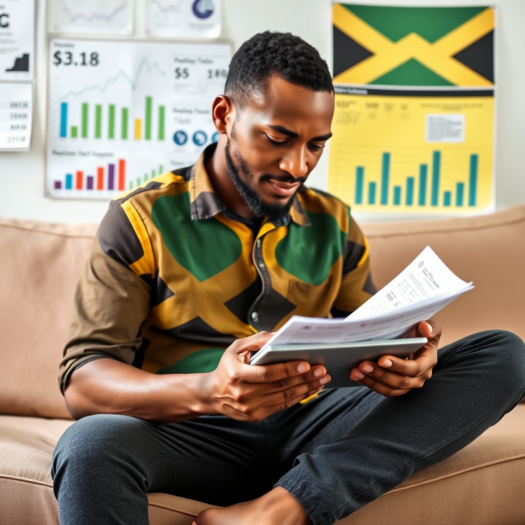 Professional stock photo of Jamaican freelancer planning retirement, showing person reviewing NIS contribution statements, private pension documents, and investment portfolio on tablet with financial charts in background