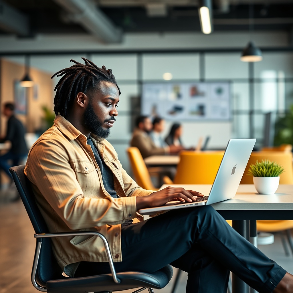 Professional stock photo of Jamaican freelancer scaling business, showing entrepreneur managing subcontractors on laptop while reviewing diversified income streams and team building strategies in modern co-working space