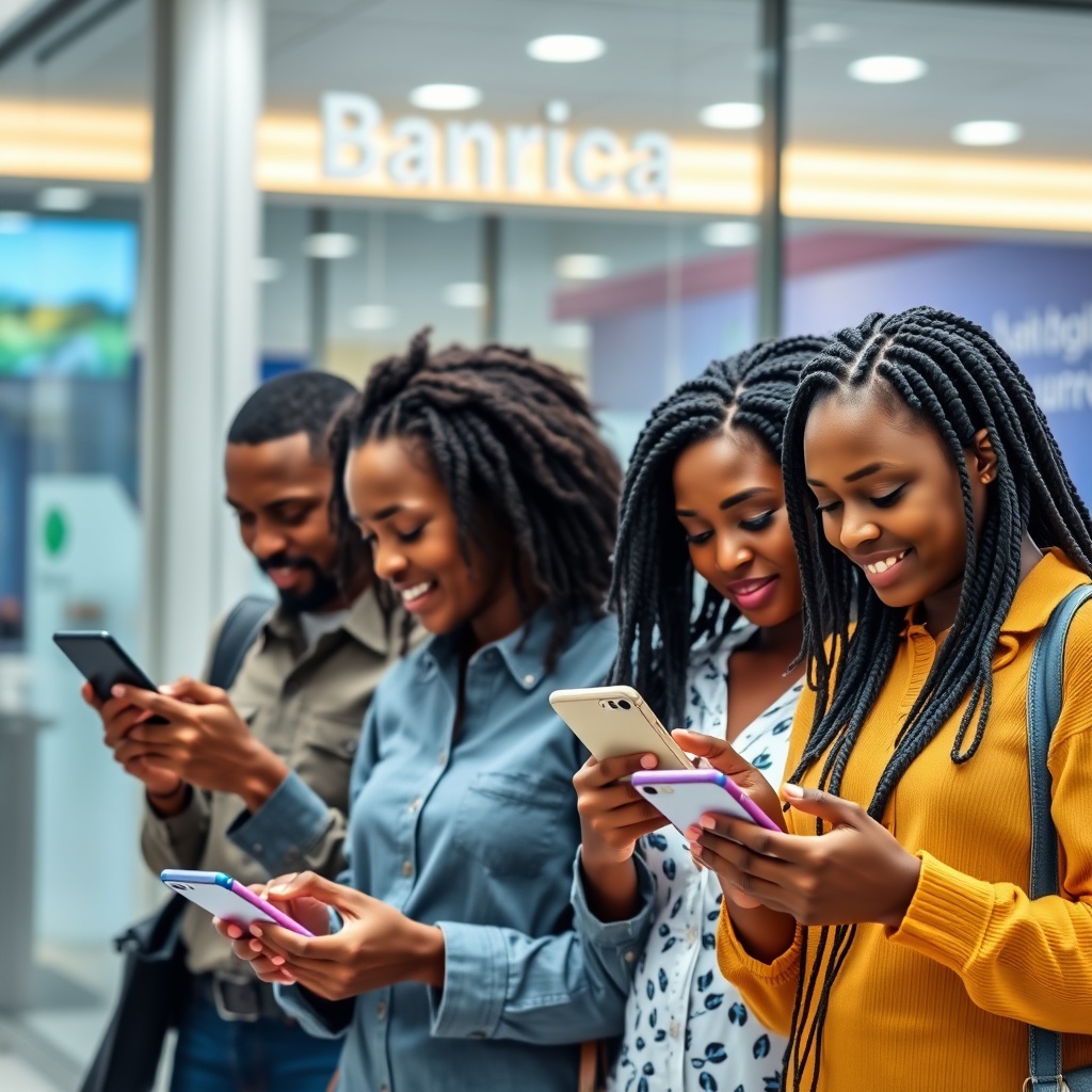 Professional stock photo of diverse Jamaican citizens using digital banking apps on smartphones, with modern financial institution backdrop, representing financial inclusion and digital currency accessibility