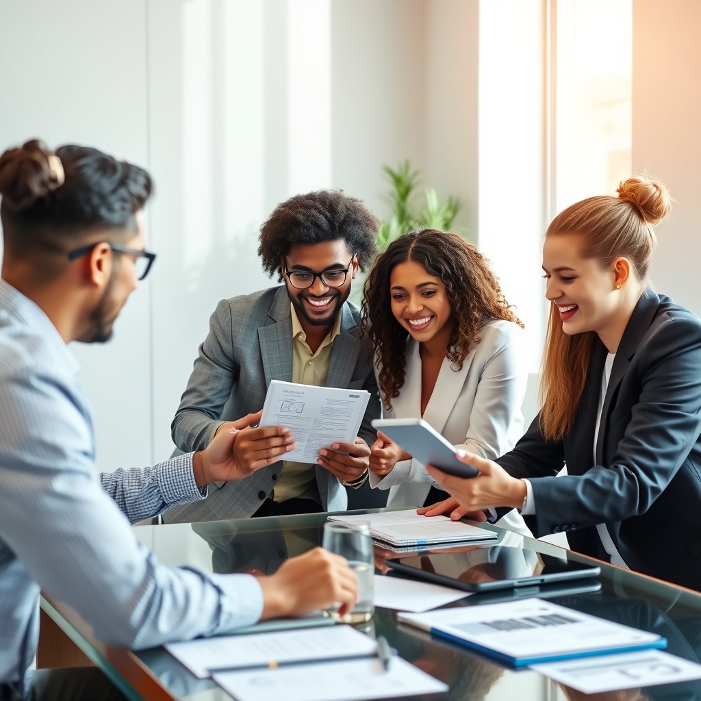 Professional stock photo of international business meeting with diverse professionals from different countries collaborating on digital finance projects, global partnership concept