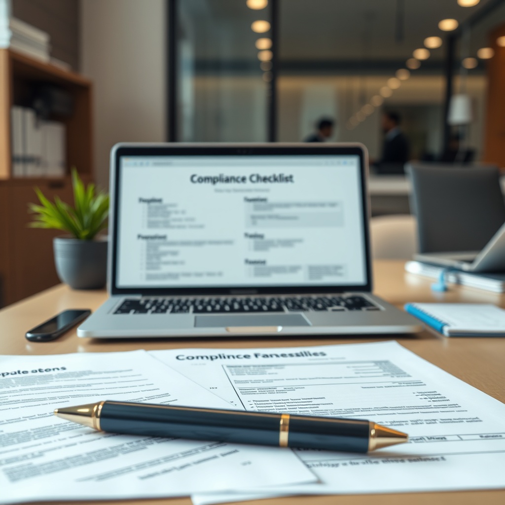 Professional stock photo of legal documents and compliance checklist on modern office desk with laptop showing regulatory framework diagrams, representing financial regulations and legal standards