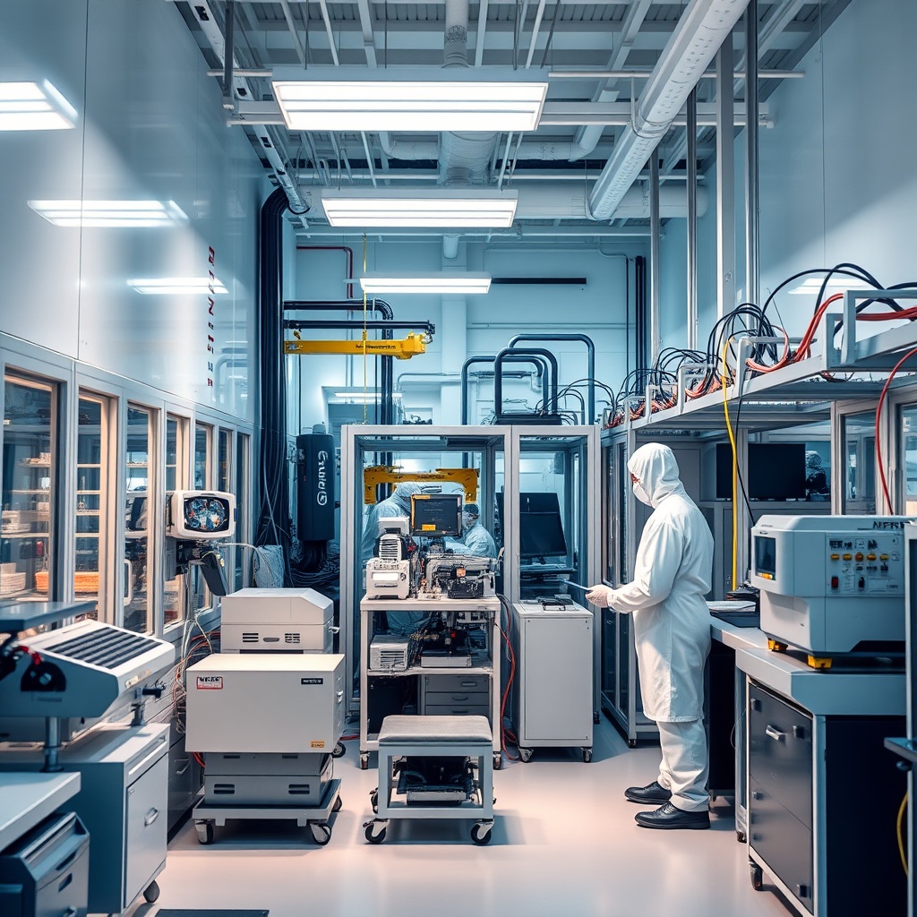 Professional stock photo of modern semiconductor manufacturing facility with clean room environment, high-tech equipment, and technicians in protective gear, representing strategic sector production incentives