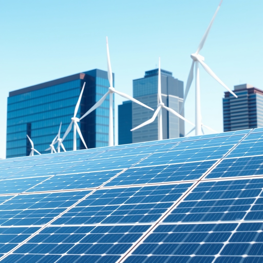 Professional stock photo of solar panels and wind turbines against a clear blue sky, with modern corporate buildings in background, representing green and sustainability tax incentives