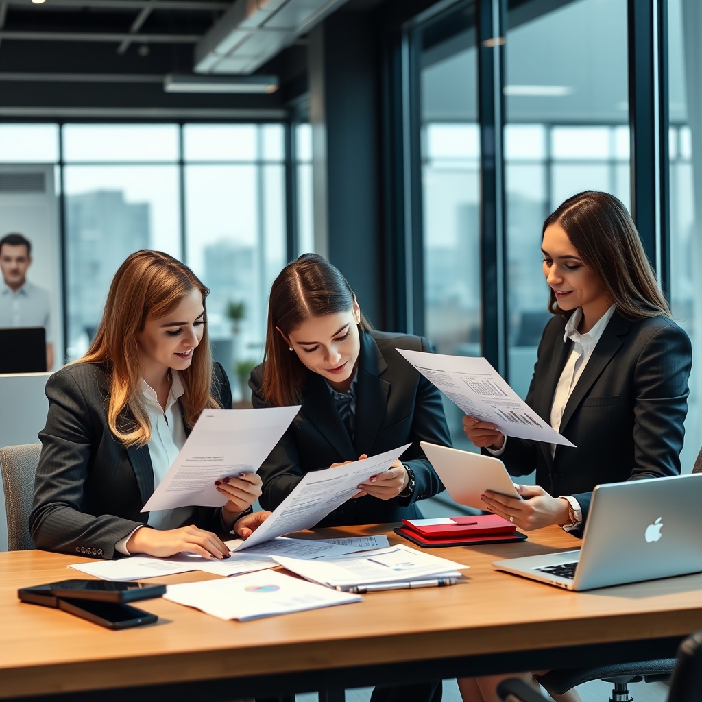 Professional stock photo of business professionals reviewing compliance documents and financial records in a modern office setting with digital tablets and laptops
