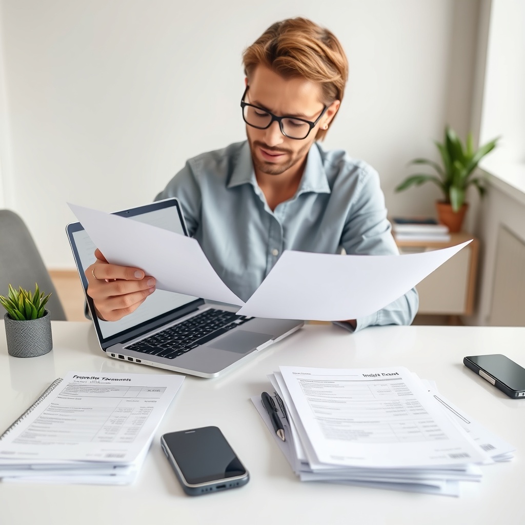 Professional stock photo of a freelancer organizing digital tax documents on a laptop with receipts and financial records neatly arranged on a modern desk, clean office background