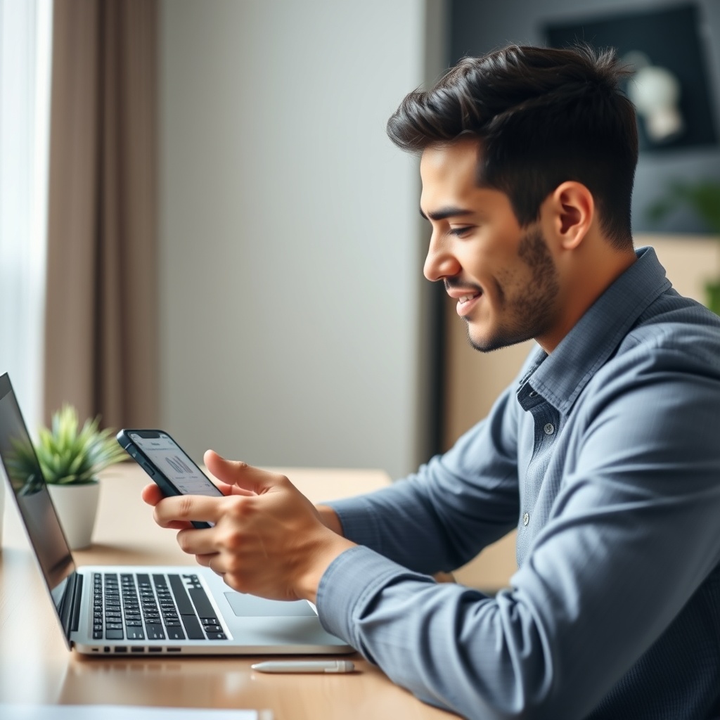 Professional stock photo of a freelancer making online tax payments using a smartphone and laptop, with digital payment interface visible, modern home office setting