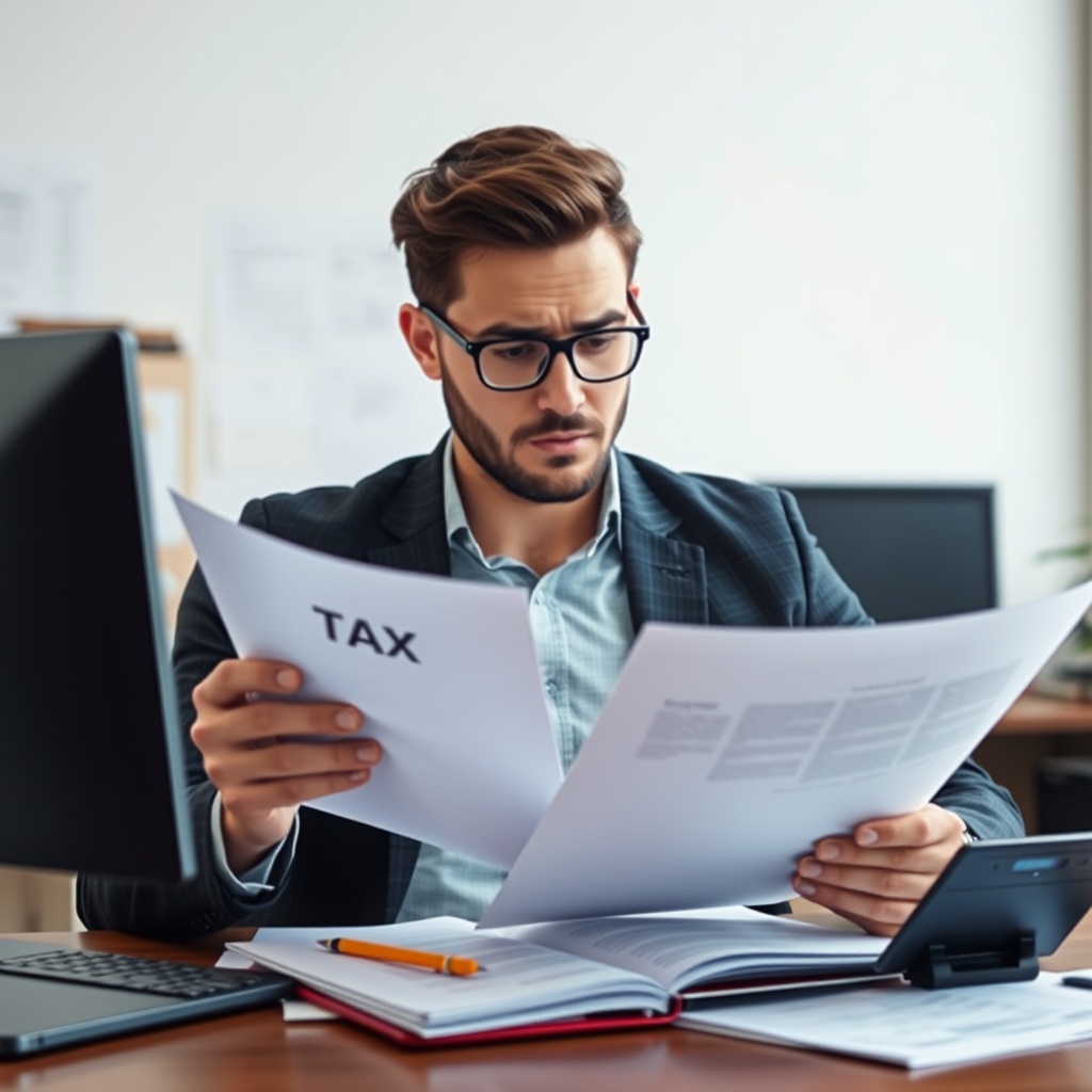Professional stock photo of a freelancer reviewing tax documents with a concerned expression, surrounded by financial papers and a calculator, business office environment