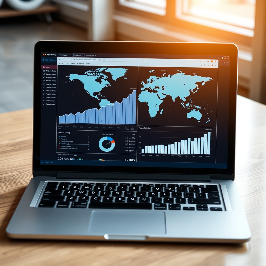 Professional stock photo of a modern laptop showing digital charts and analytics with global time zones displayed, representing digital economy and remote service taxation
